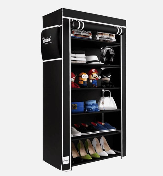 6 Rack Collapsible Wardrobe Cabinet | Portable Clothes Organizer & Shoe Rack | Multi-Purpose Storage Closet with Zipper
